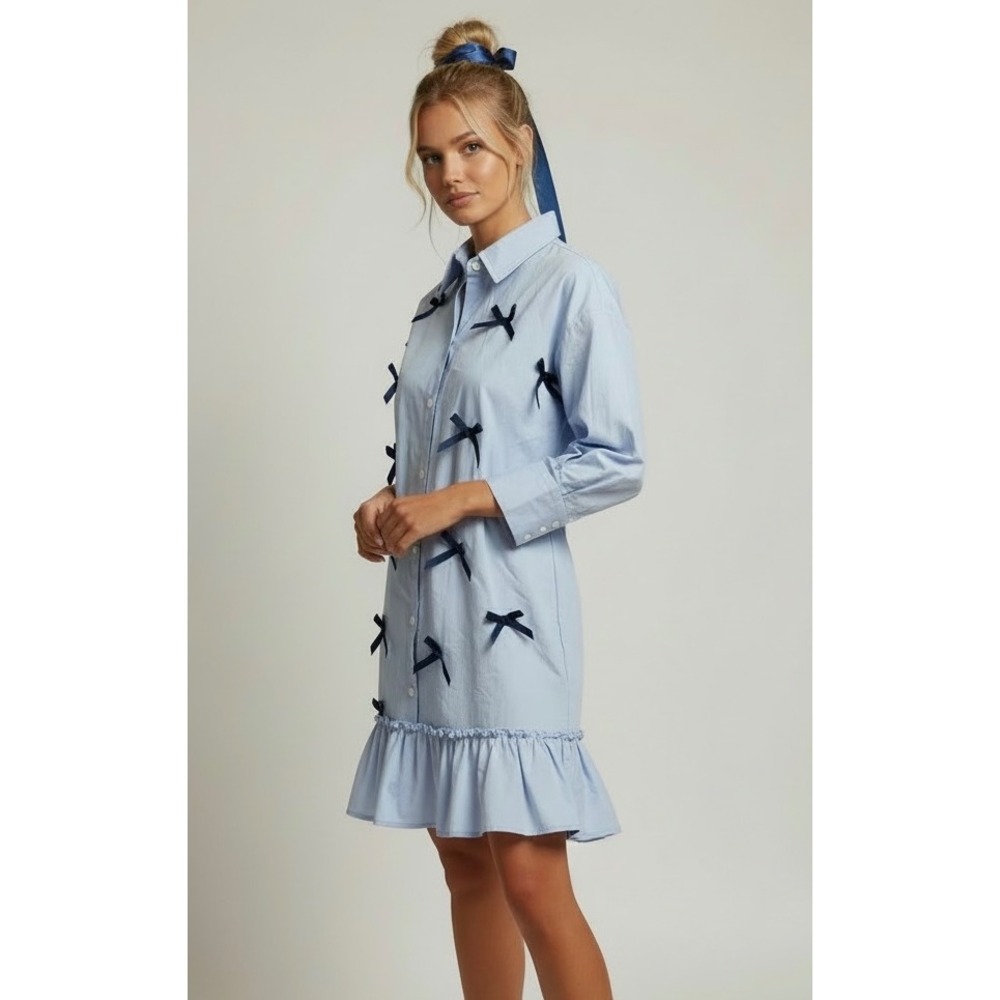 NEW Blue Cotton Bow Small Ruffle Bottom Button Down Shirt‎ Dress Coquette